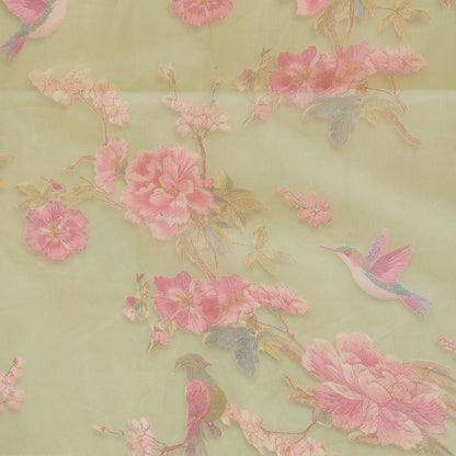 Parrot Green Organza Silk Floral Figure Printed Fabric