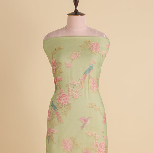 Parrot Green Organza Silk Floral Figure Printed Fabric