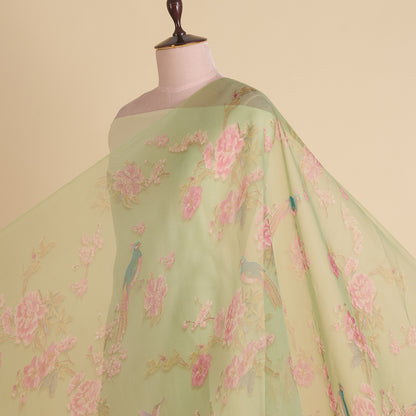 Parrot Green Organza Silk Floral Figure Printed Fabric