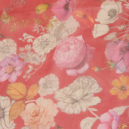 Red Organza Silk Floral Jaal Printed Fabric