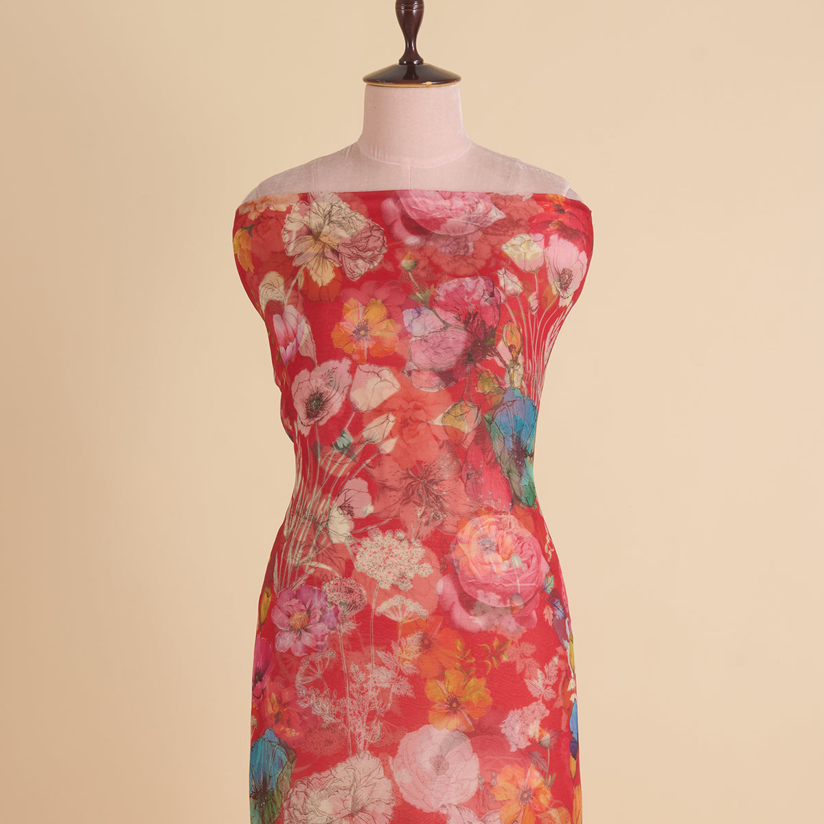 Red Organza Silk Floral Jaal Printed Fabric