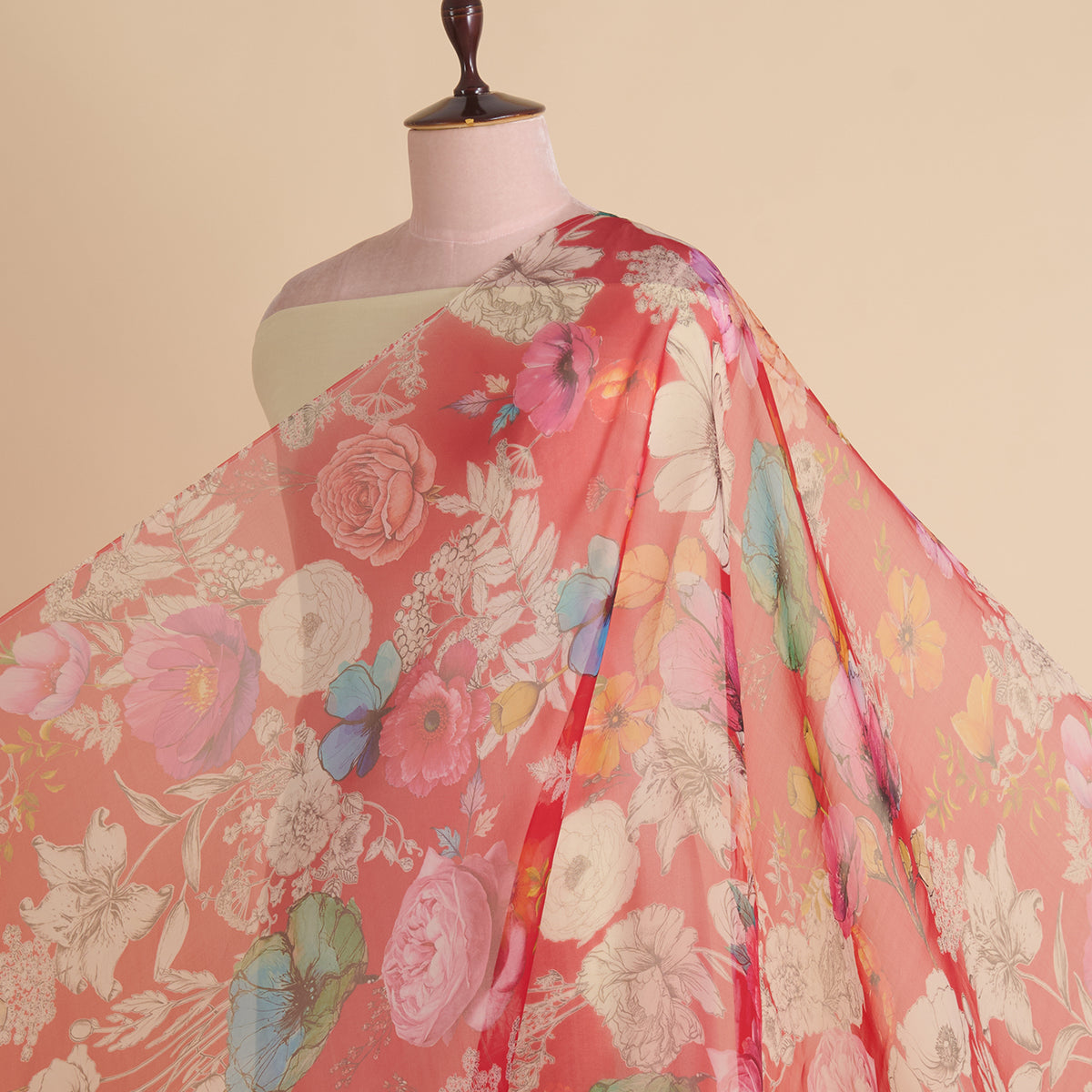 Red Organza Silk Floral Jaal Printed Fabric