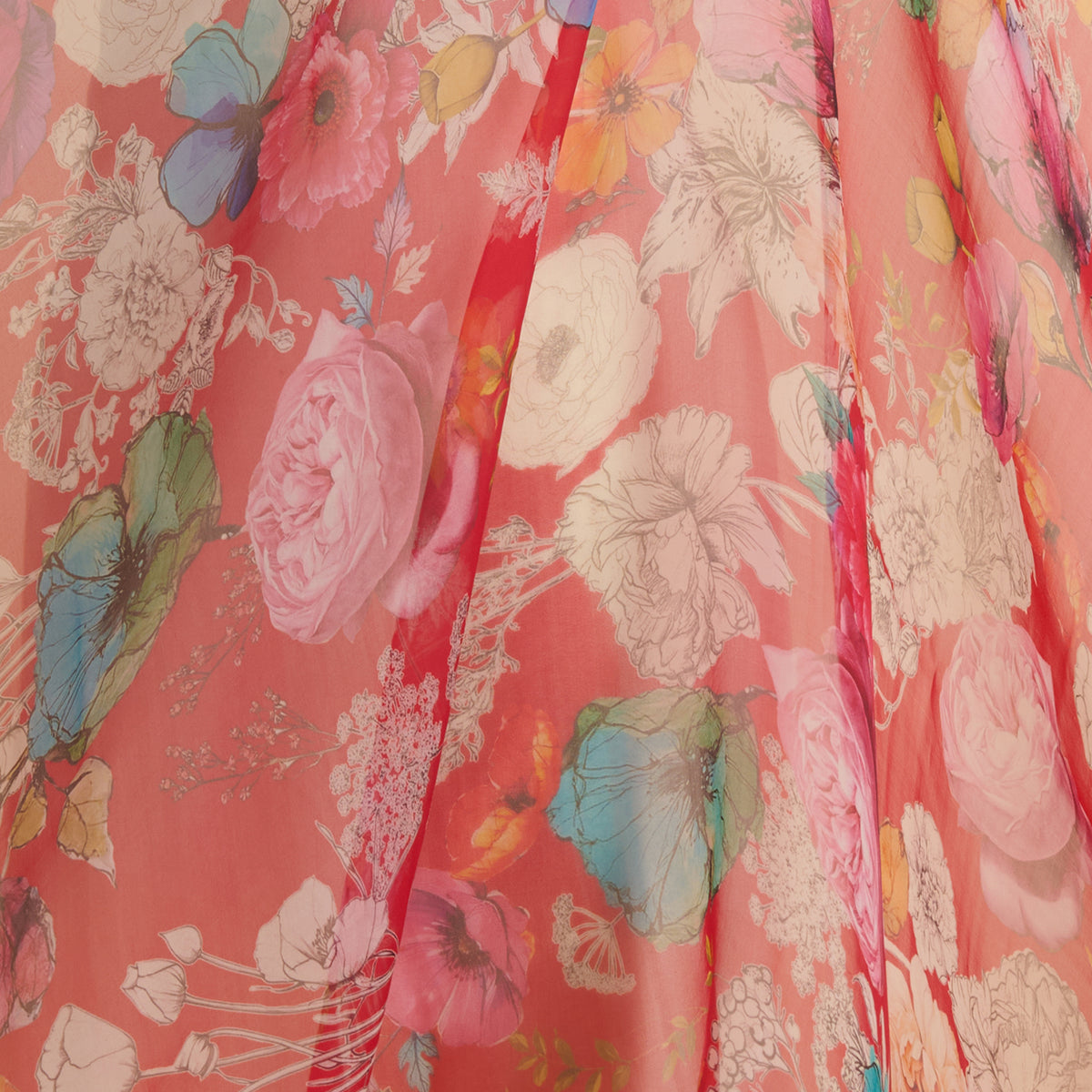 Red Organza Silk Floral Jaal Printed Fabric