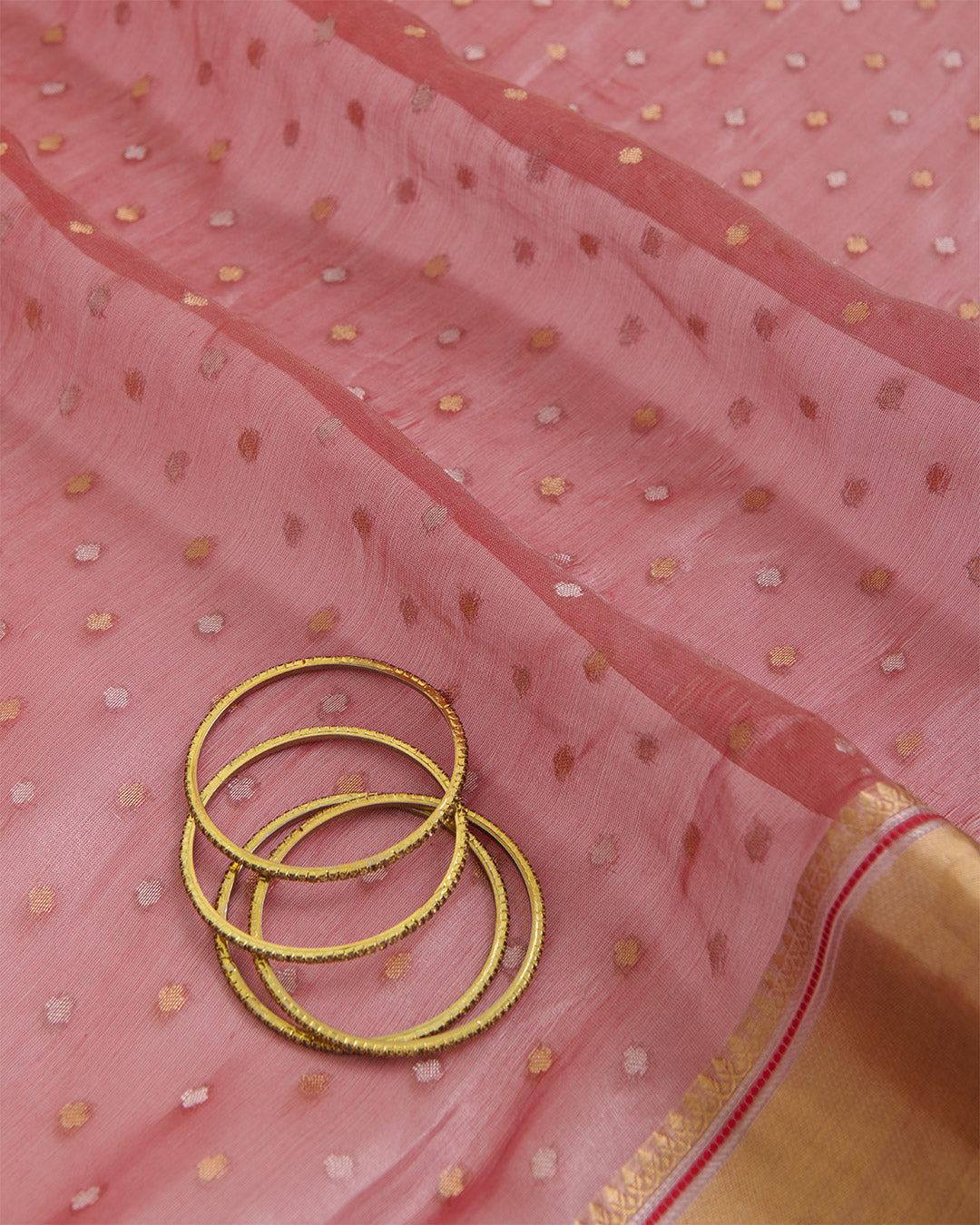 Organza Tissue Polka Dot Fabric with Gold Zari Border Red