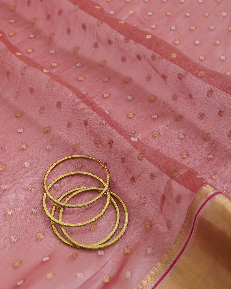 Organza Tissue Polka Dot Fabric with Gold Zari Border Red