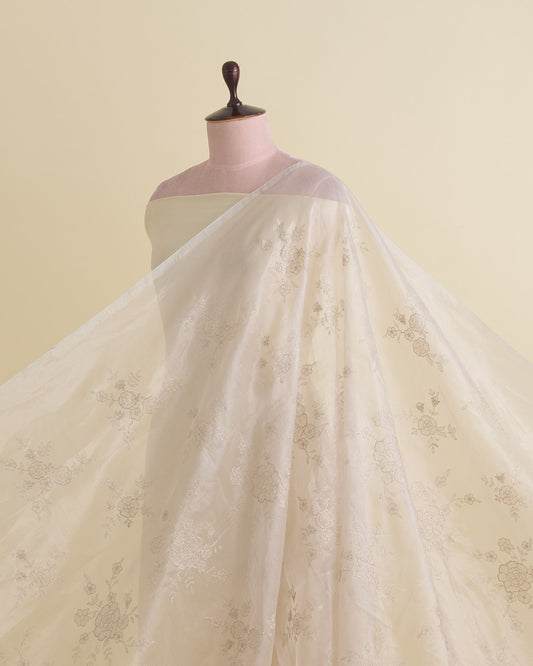 Silver Organza Tissue Fabric with Zari Jaal Embroidery