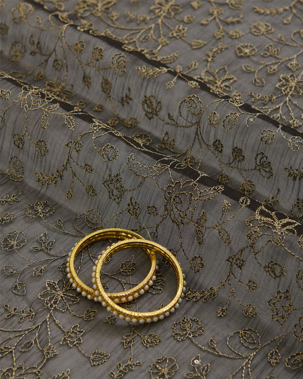 Black Organza Silk Fabric with Zari Sequins Embroidery Jaal