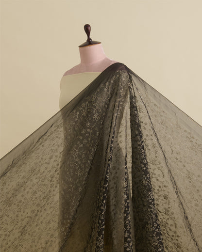 Black Organza Silk Fabric with Zari Sequins Embroidery Jaal