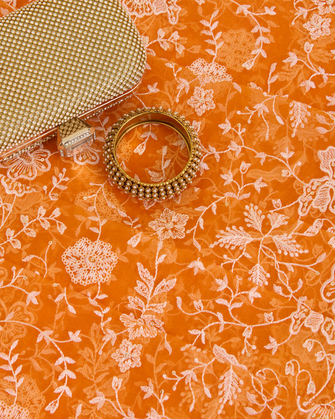 Organza Silk Resham & Gold Sequins Jaal Embroidery Fabric - Orange