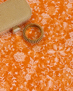 Orange Organza Silk Resham & Gold Sequins Jaal Embroidery Fabric