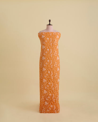 Orange Organza Silk Resham & Gold Sequins Jaal Embroidery Fabric