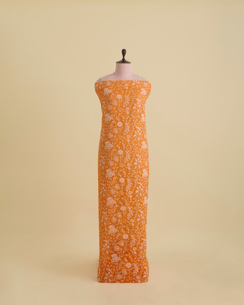 Organza Silk Resham & Gold Sequins Jaal Embroidery Fabric - Orange