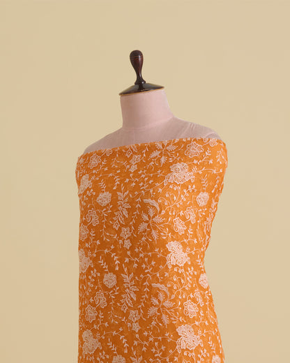 Orange Organza Silk Resham & Gold Sequins Jaal Embroidery Fabric