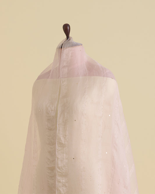Baby Pink Organza Dupatta with Water Gold Stripes & Badla Work