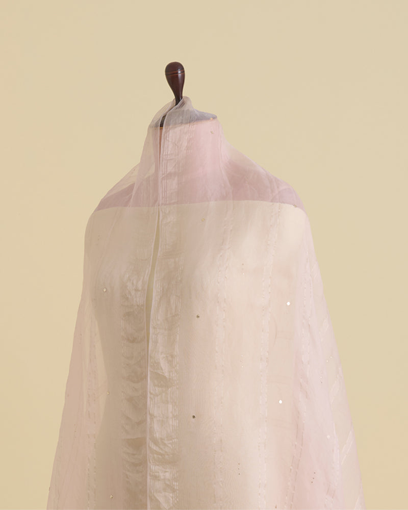 Baby Pink Organza Dupatta with Water Gold Stripes & Badla Work