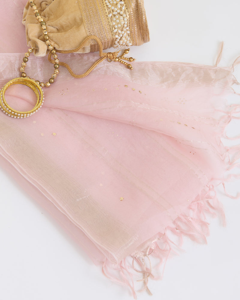 Baby Pink Organza Dupatta with Water Gold Stripes & Badla Work