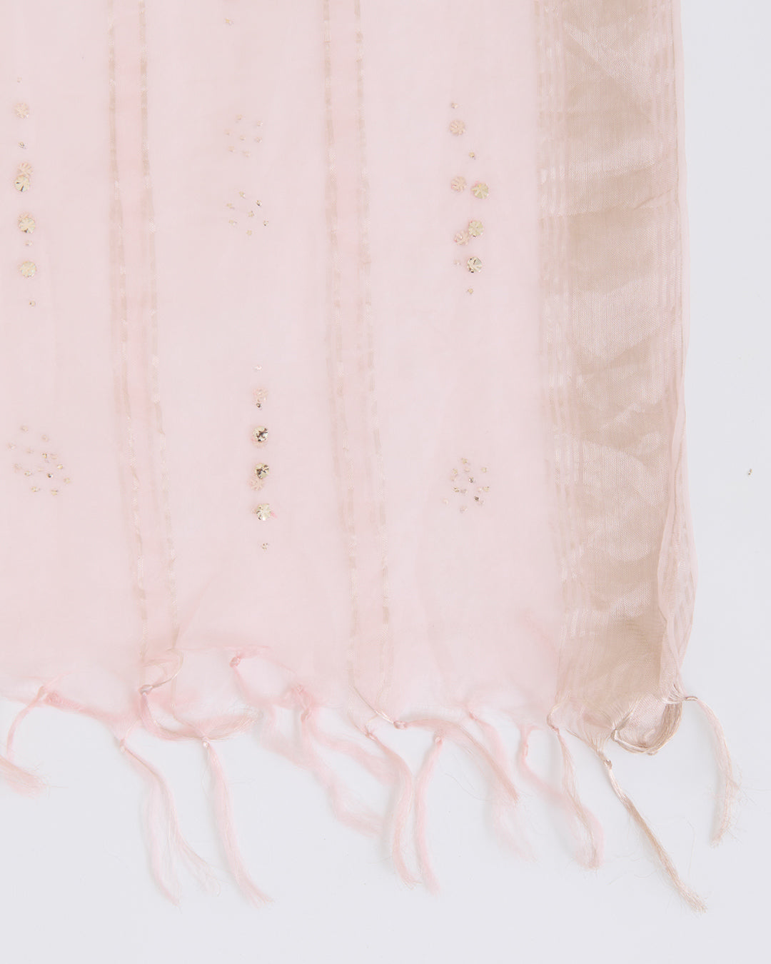Baby Pink Organza Dupatta with Water Gold Stripes & Badla Work