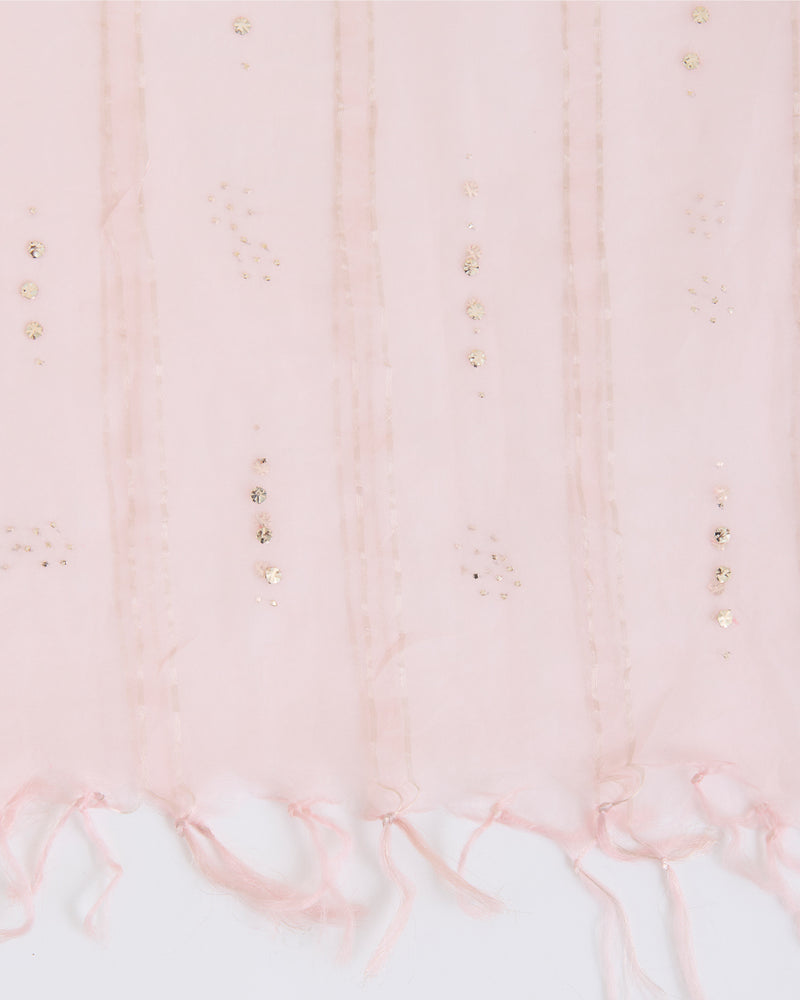 Baby Pink Organza Dupatta with Water Gold Stripes & Badla Work