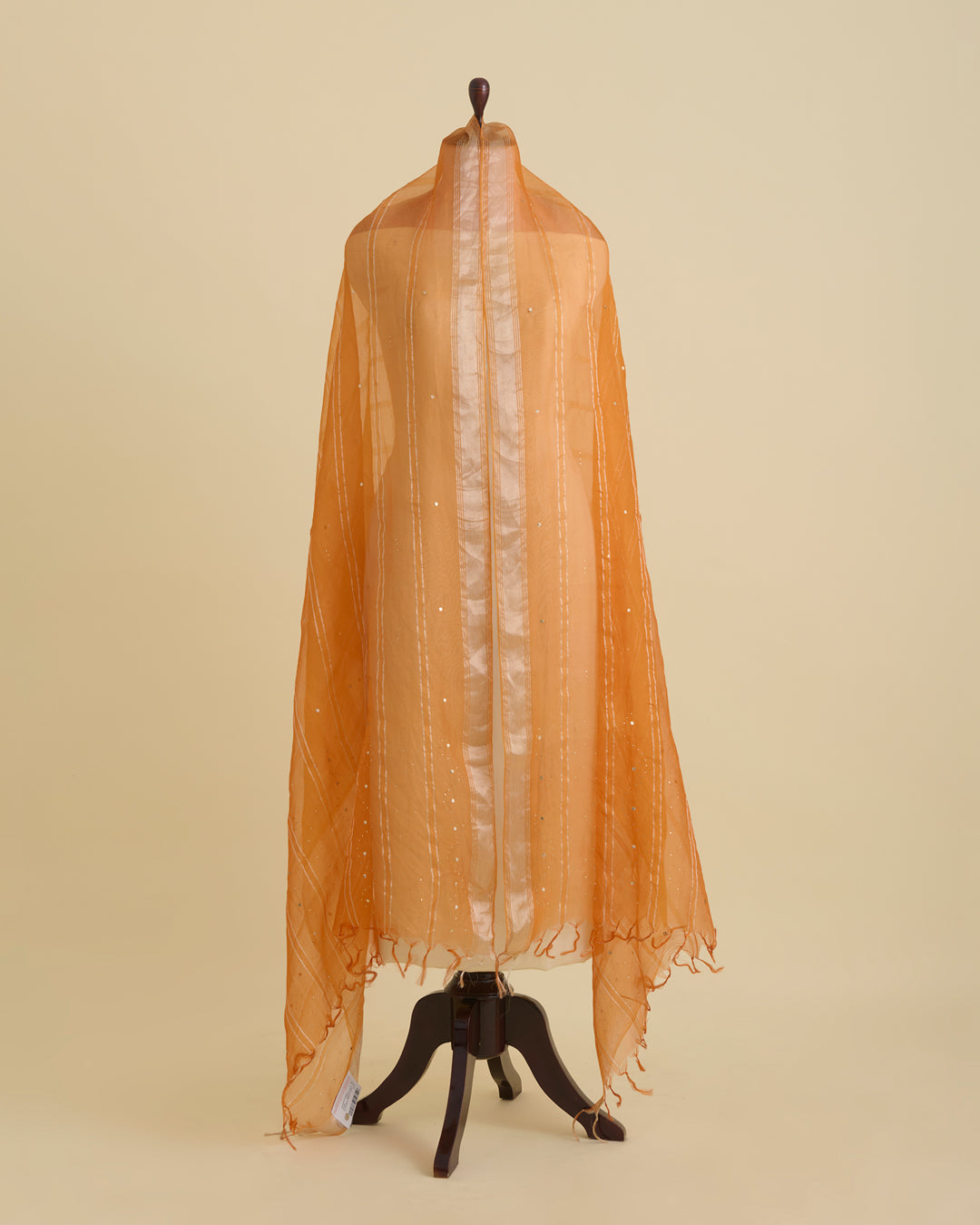 Bright Orange Organza Dupatta with Gold Stripes and Badla Work