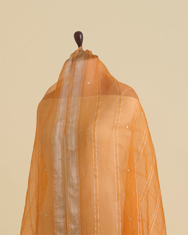 Bright Orange Organza Dupatta with Gold Stripes and Badla Work