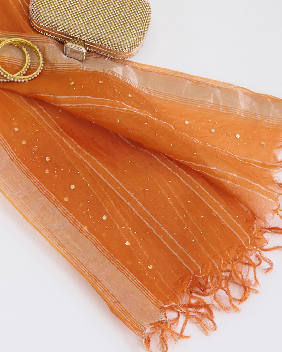 Bright Orange Organza Dupatta with Gold Stripes and Badla Work