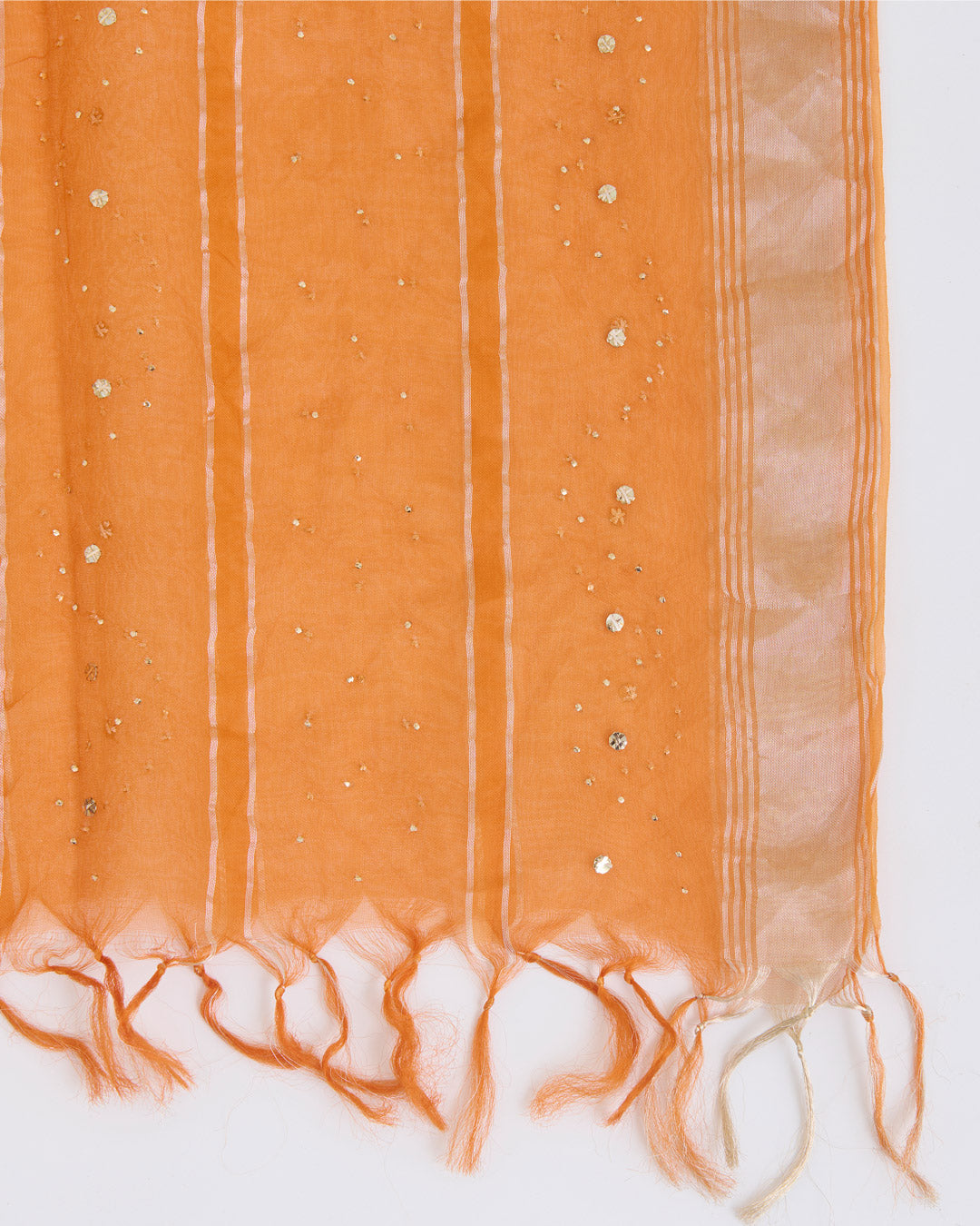 Bright Orange Organza Dupatta with Gold Stripes and Badla Work