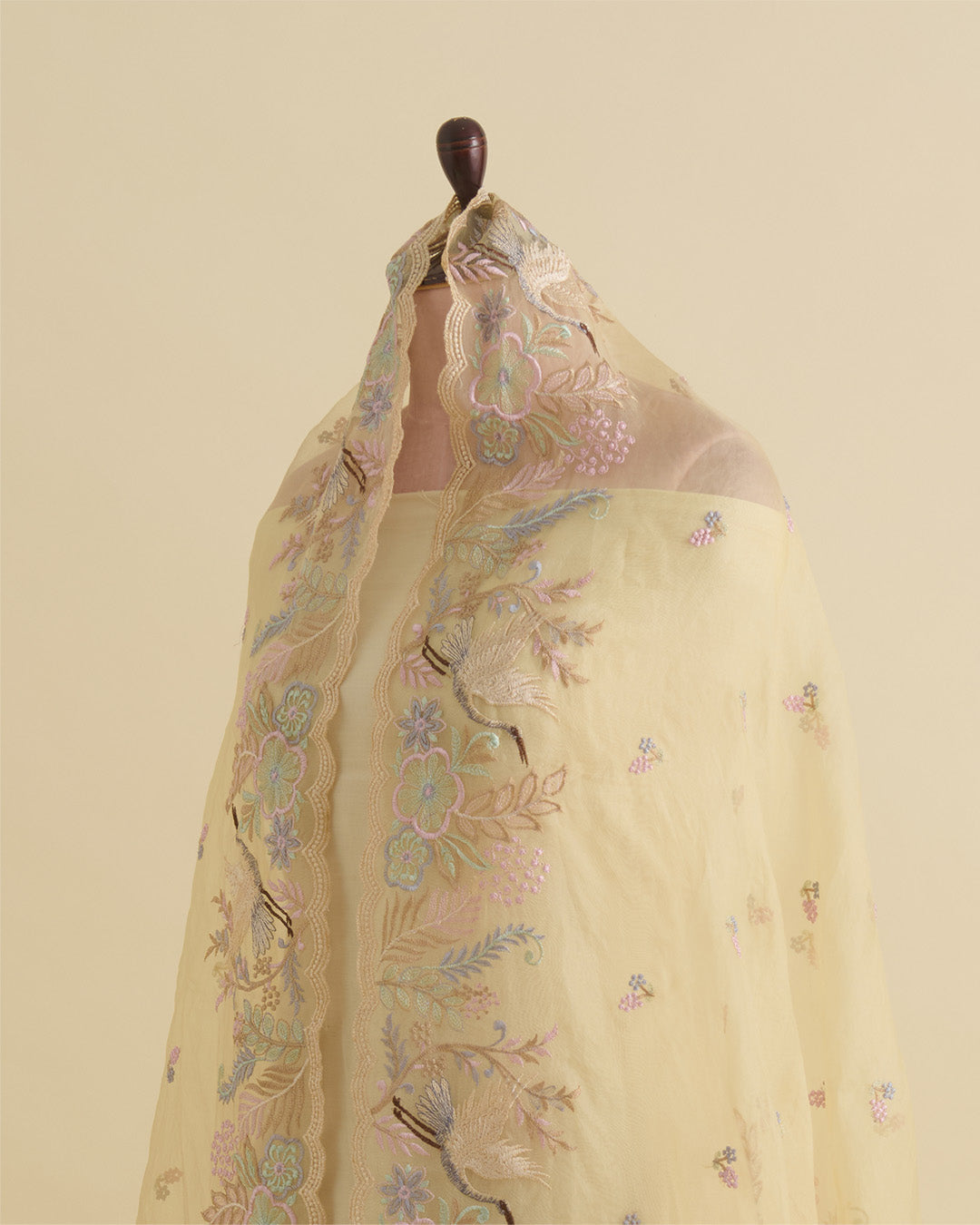 Light Yellow Organza Silk Resham Embroidered Dupatta