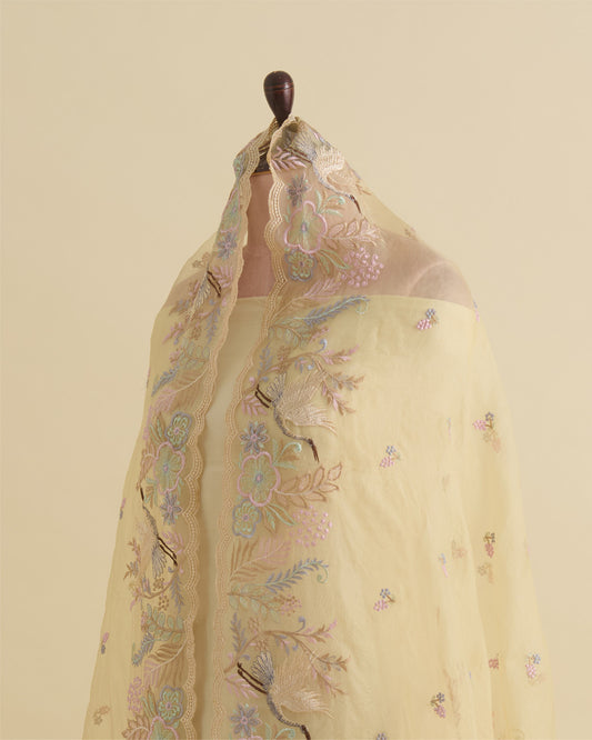 Light Yellow Organza Silk Resham Embroidered Dupatta