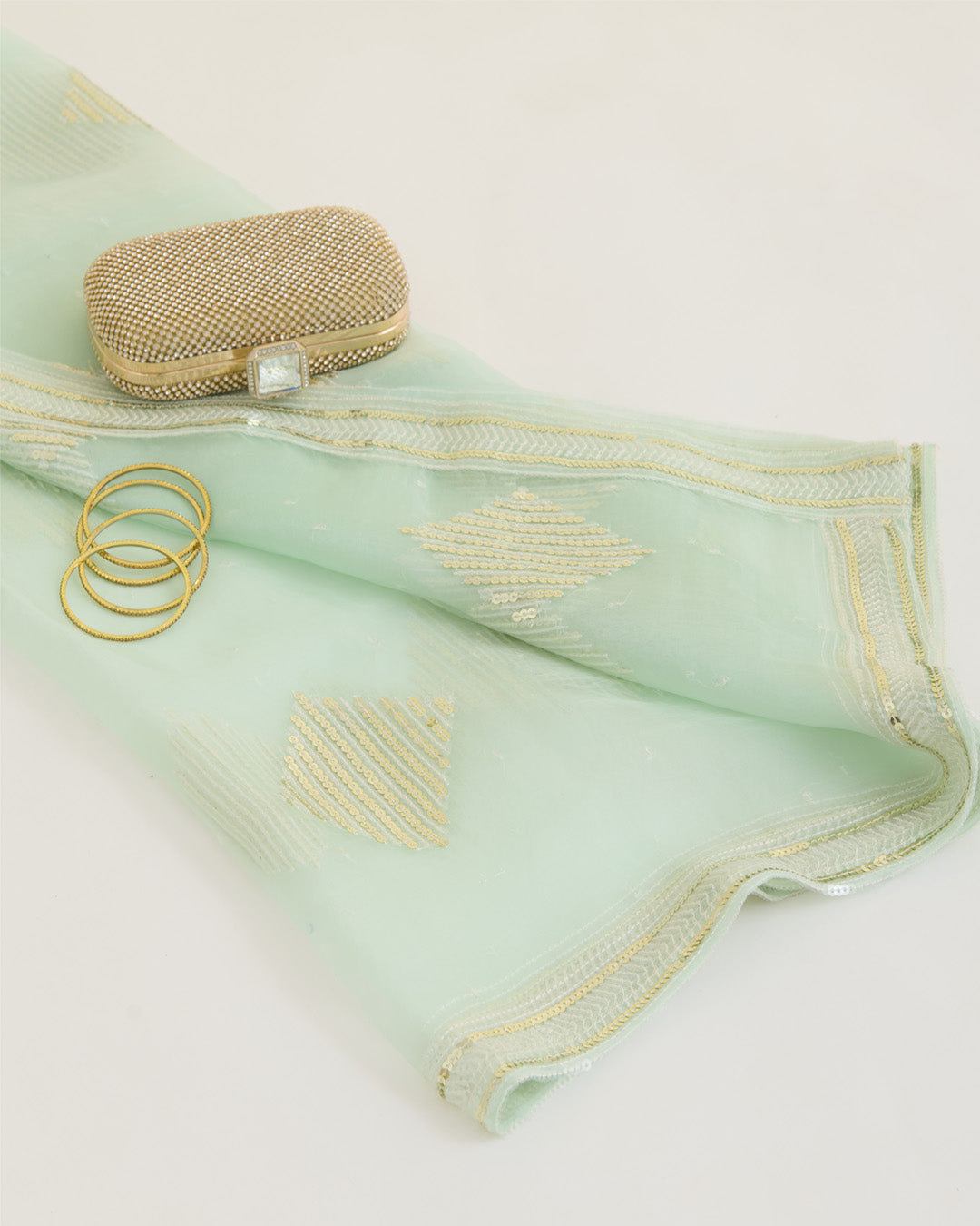 Mint Organza Dupatta with Resham & Gold Sequin Embroidery