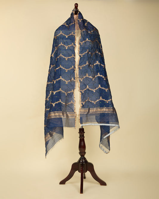 Navy Blue Cotton Silk Ikat Handloom Woven Fabric - Ikat Handloom