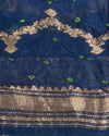 Navy Blue Cotton Silk Ikat Handloom Woven Fabric