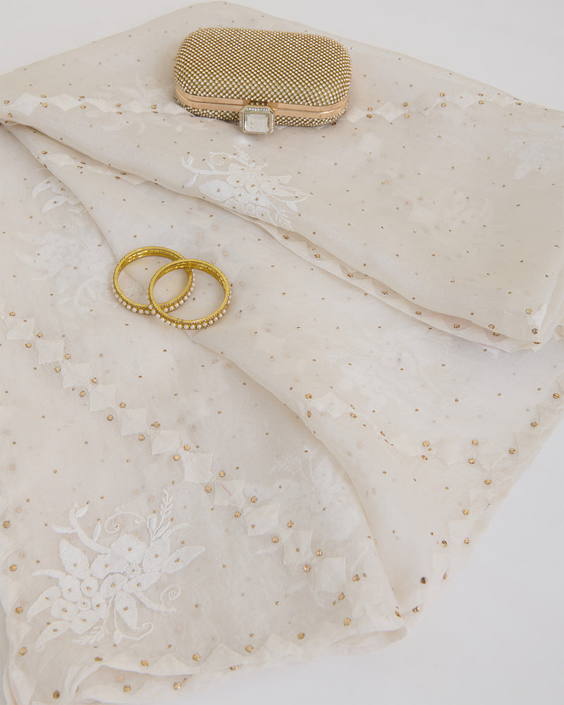 Off-White Organza Lucknowi Lehriya Badla Dupatta