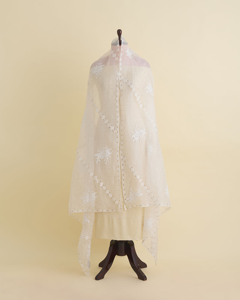 Off-White Organza Lucknowi Lehriya Badla Dupatta