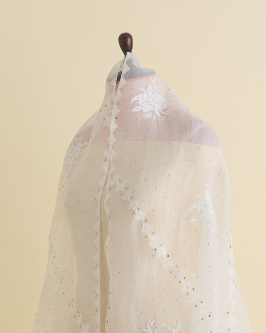 Off-White Organza Lucknowi Lehriya Badla Dupatta