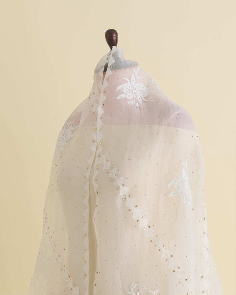 Off-White Organza Lucknowi Lehriya Badla Dupatta