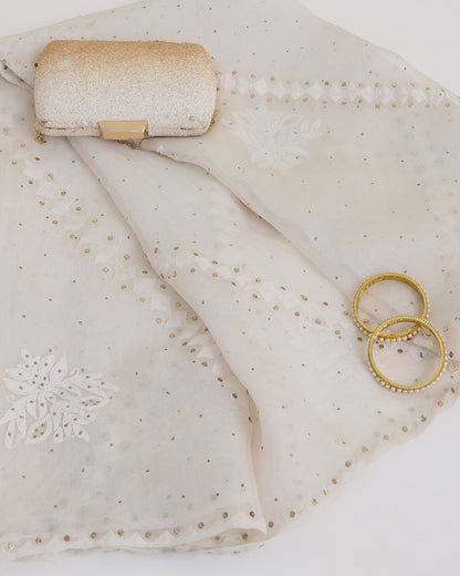 Offwhite Organza Lucknowi Lehriya Badla Dupatta