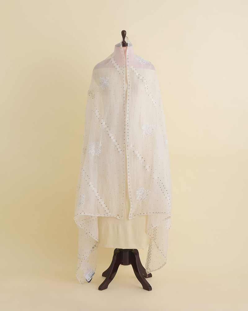 Offwhite Organza Lucknowi Lehriya Badla Dupatta