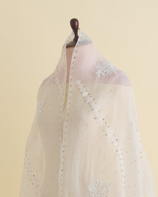 Offwhite Organza Lucknowi Lehriya Badla Dupatta
