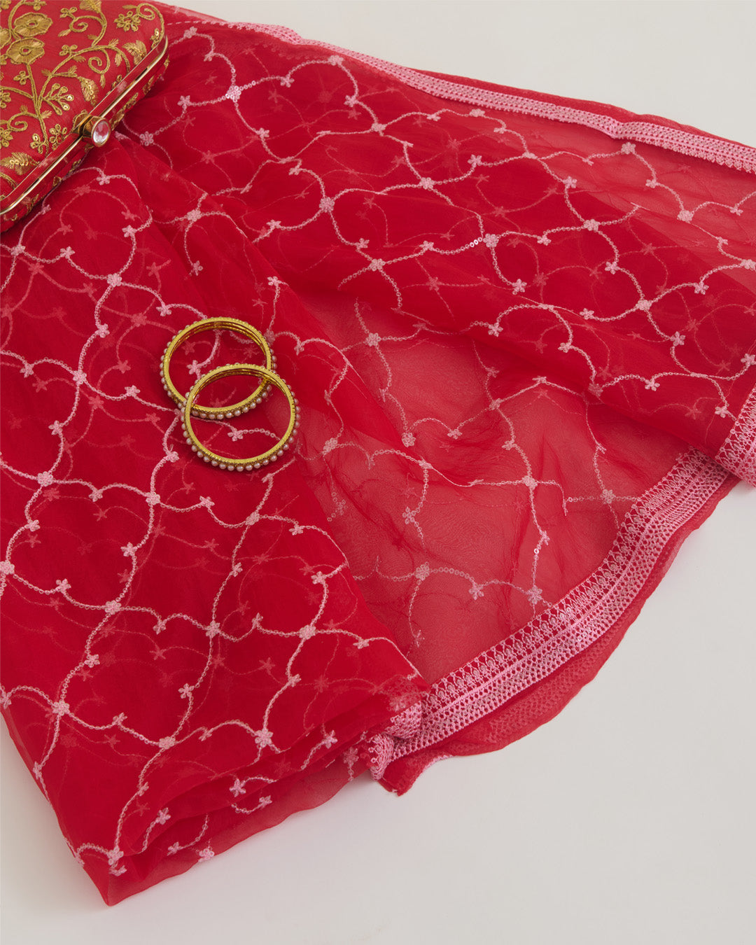 Red Organza Dupatta with Resham, Water Sequin & Geometric Embroidery