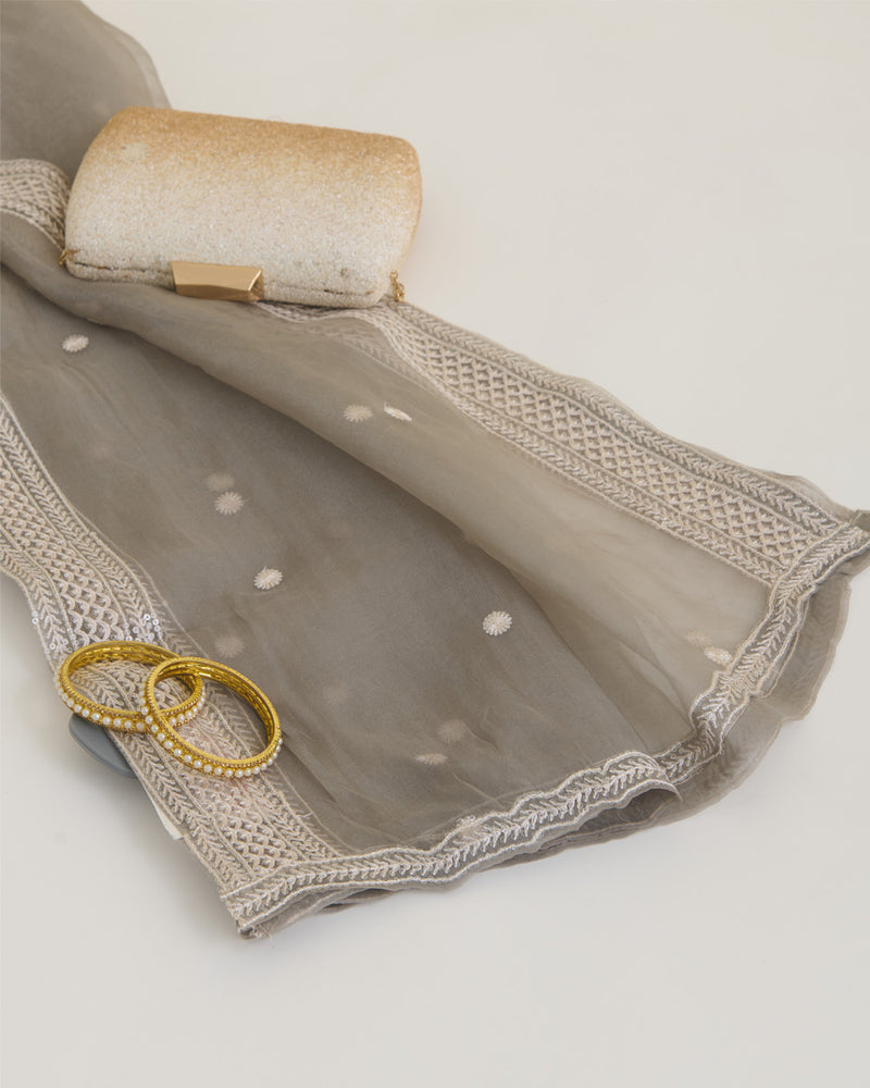 Mouse Organza Dupatta with Resham & Water Sequin Buta Embroidery