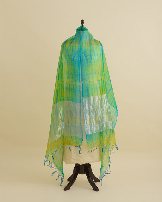 Blue & Lime Green Organza Tie & Dye Dupatta with Silver Pallu