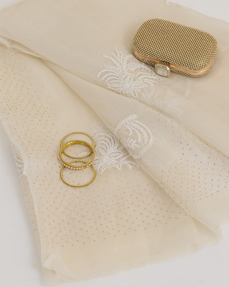 White Organza Lucknowi Thread Buta Badla Work Dupatta