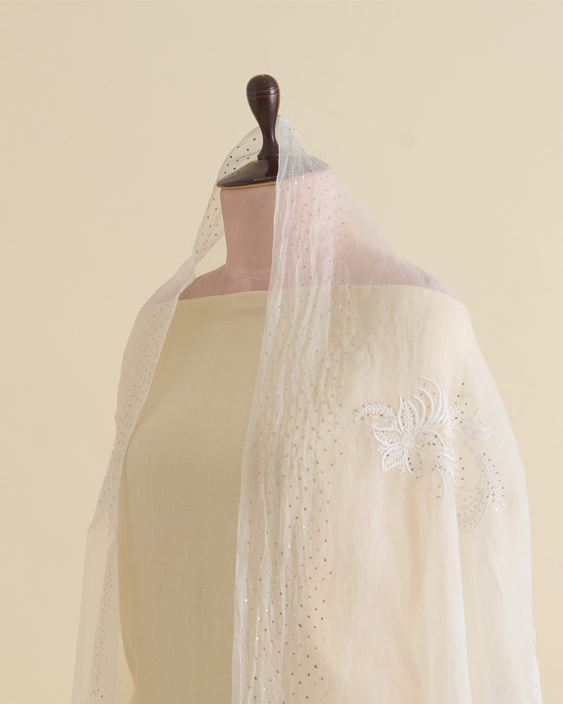 White Organza Lucknowi Thread Buta Badla Work Dupatta