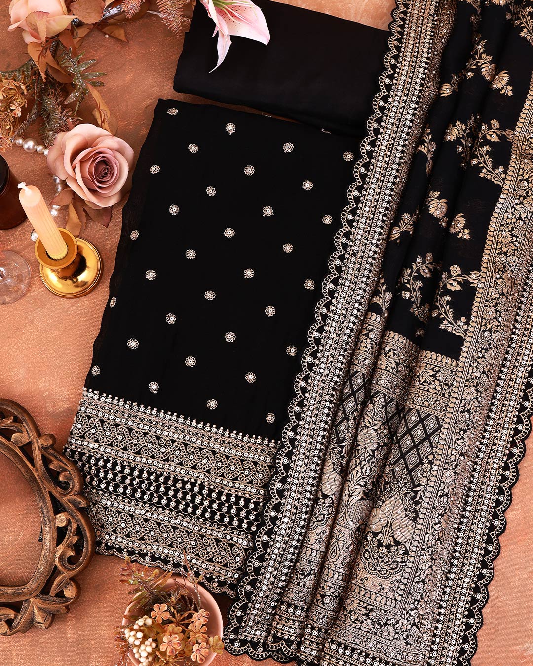 Black Organza Embroidered Suit with Dupatta & Silk Bottom