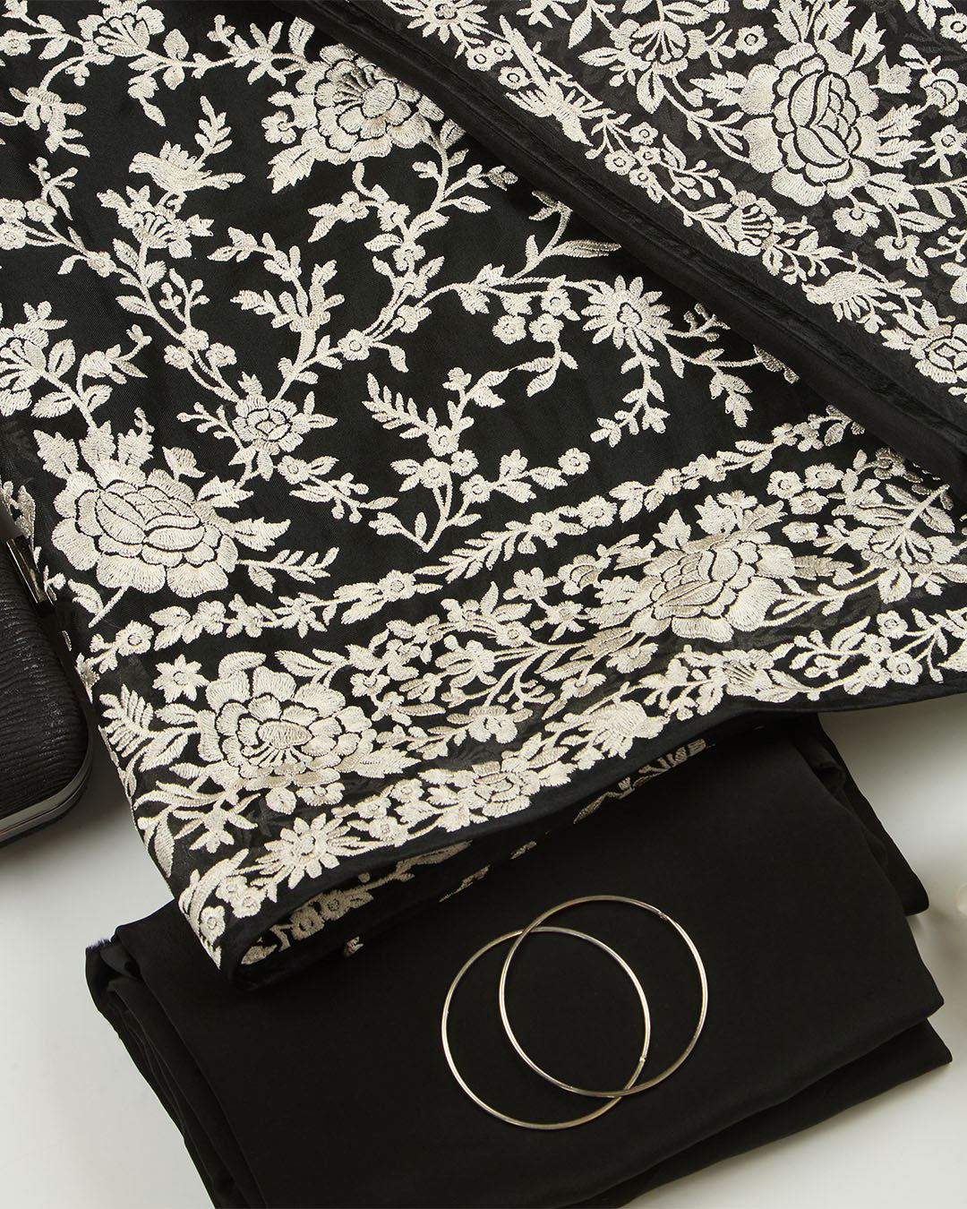 Black Silk Organza Suit with Intricate Thread Embroidery