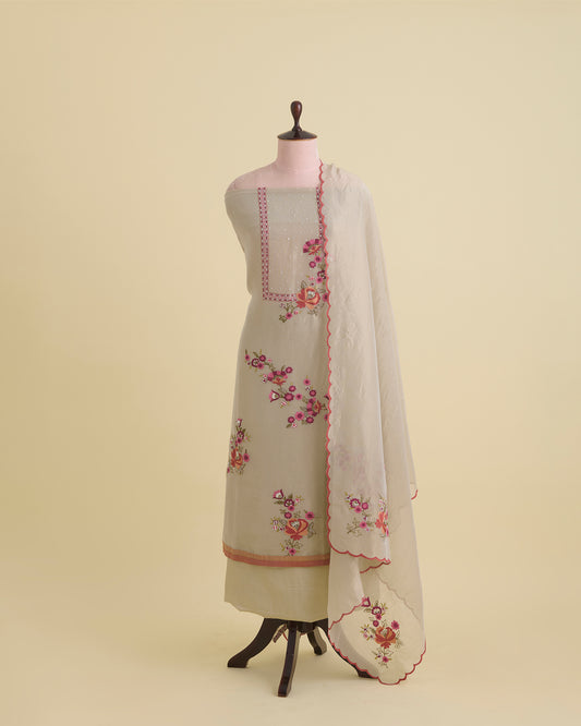 Beige & Orange Tissue Kurta Set with Resham, Sequin & Cut-Dana Work