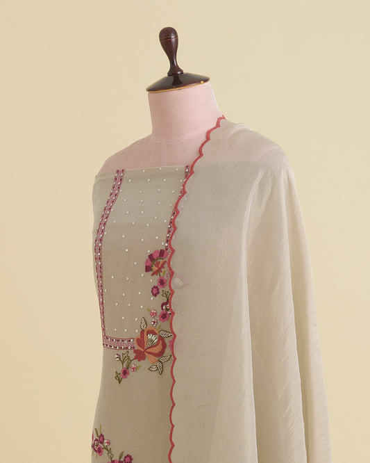 Beige & Orange Tissue Kurta Set with Resham, Sequin & Cut-Dana Work