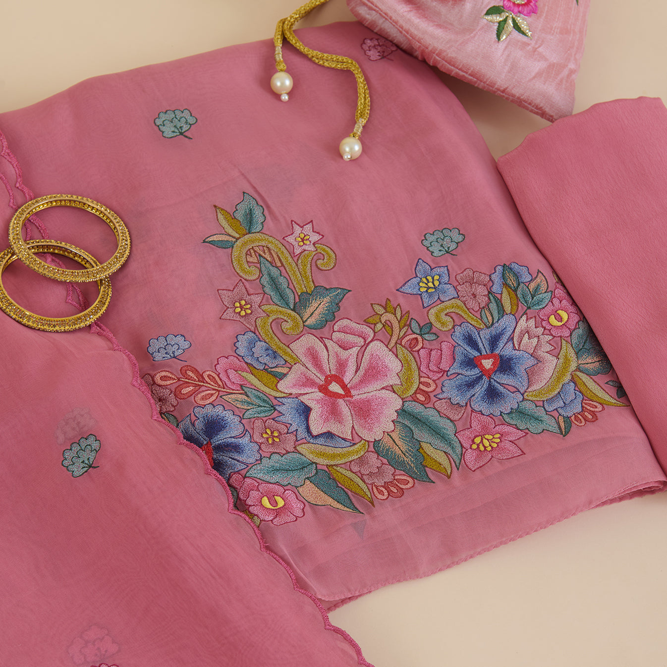 Carrot Pink Organza Resham Embroidered Suit with Dupatta