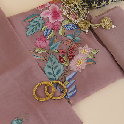 Dusty Brown Organza Resham Embroidered Suit with Dupatta