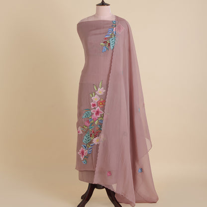 Dusty Brown Organza Resham Embroidered Suit with Dupatta